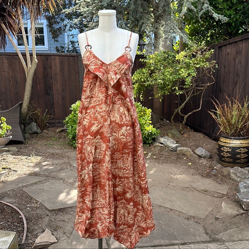 Belize Sada Colonial Print Satin Dress - Rust